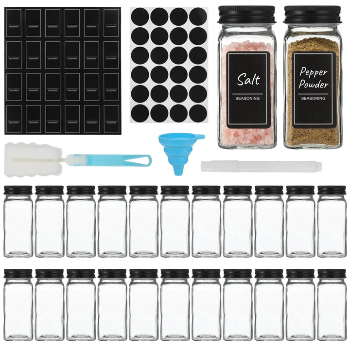 24-Pack 4 Fl Oz Square Glass Spice Jars with 24 Shaker Inserts, Airtight Lids, and Comprehensive Label Set
